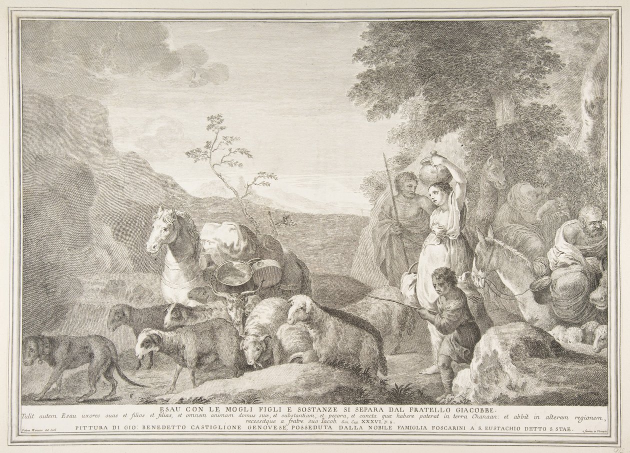 Esav ve ailesi, Jacob Esau ile eşleri, oğulları ve maddeleri ayrı ayrı yollarını ayırıyor ..., 1743-63. by Pietro Monaco