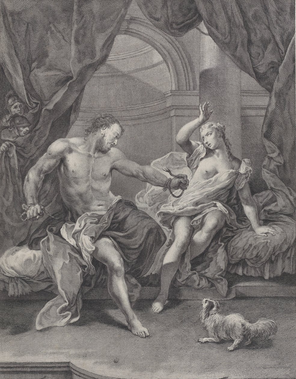 Samson ve Delilah bir yatakta oturuyorlar, Samson elini bağlayan ipleri koparıyor..., yakl. 1730-39. by Pietro Monaco