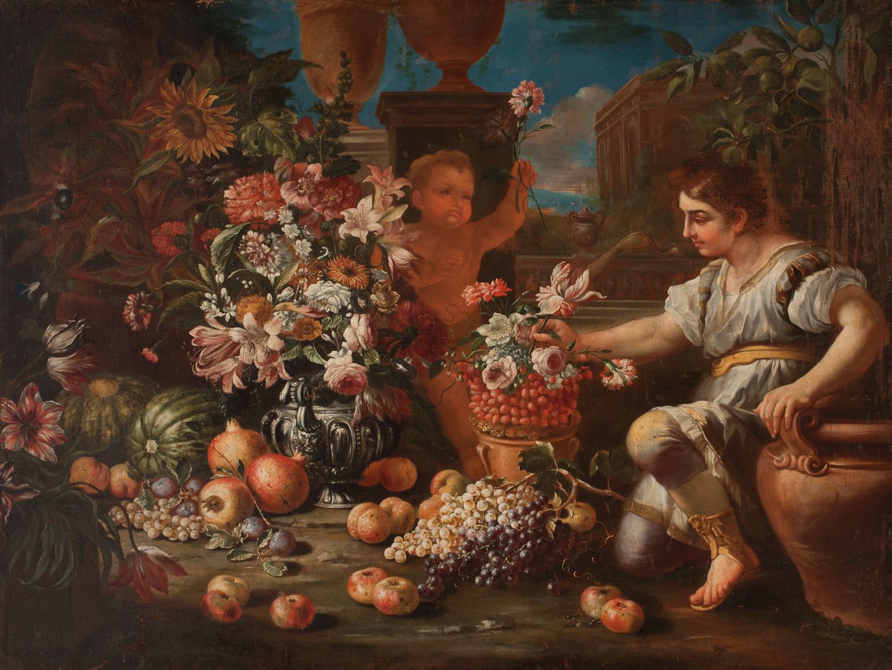 Çiçekler ve Meyveler Arasında Bir Çocuk ve Bir Putto by Pietro Paolo (attr. to) Bonzi