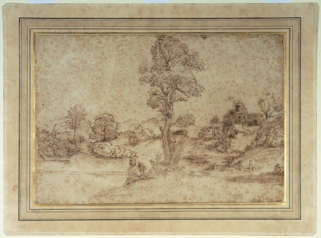 Bir göl ve binalar ile manzara, bir ağacın yanında oturan bir anne ve çocuk (kağıt üzerinde kalem ve kahverengi mürekkep) by Pietro Paolo (attr. to) Bonzi