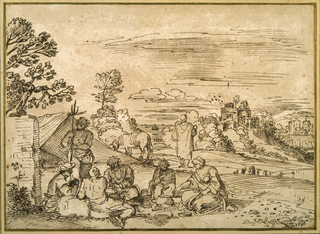 Çingenelerin bivouak yaptığı manzara (kağıt üzerinde kalem ve kahverengi mürekkep) by Pietro Paolo (attr. to) Bonzi