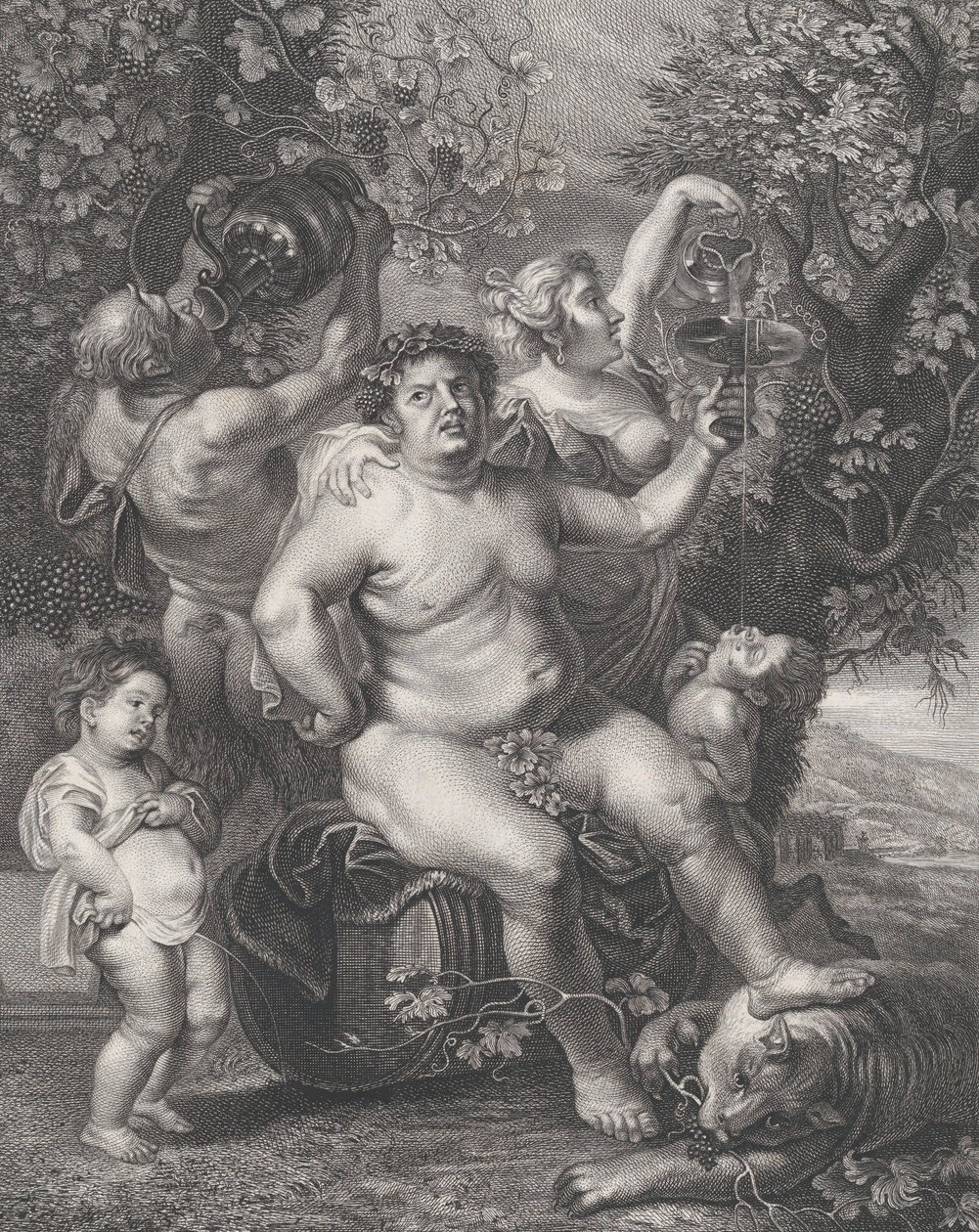 Asmaların önünde bir fıçıya oturmuş Bacchus, bacchantes, satirs ve çocuklarla..., 1758. by Pietro Peiroleri