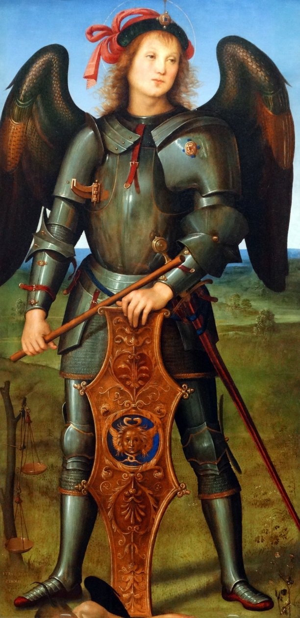 "Bir Melekle Bakire ve Çocuk, Tobias ile Başmelek Raphael ve Başmelek Mikail" başlıklı resimden detay by Pietro Perugino