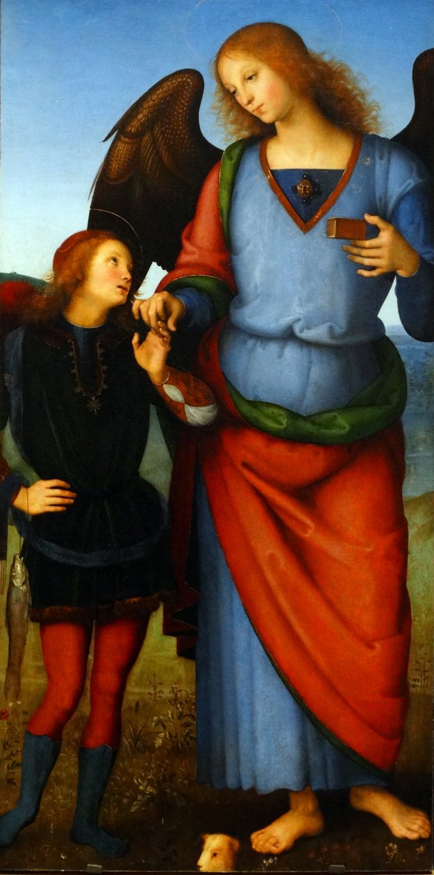 "Bir Melekle Bakire ve Çocuk, Tobias ile Başmelek Raphael ve Başmelek Mikail" başlıklı resimden detay by Pietro Perugino