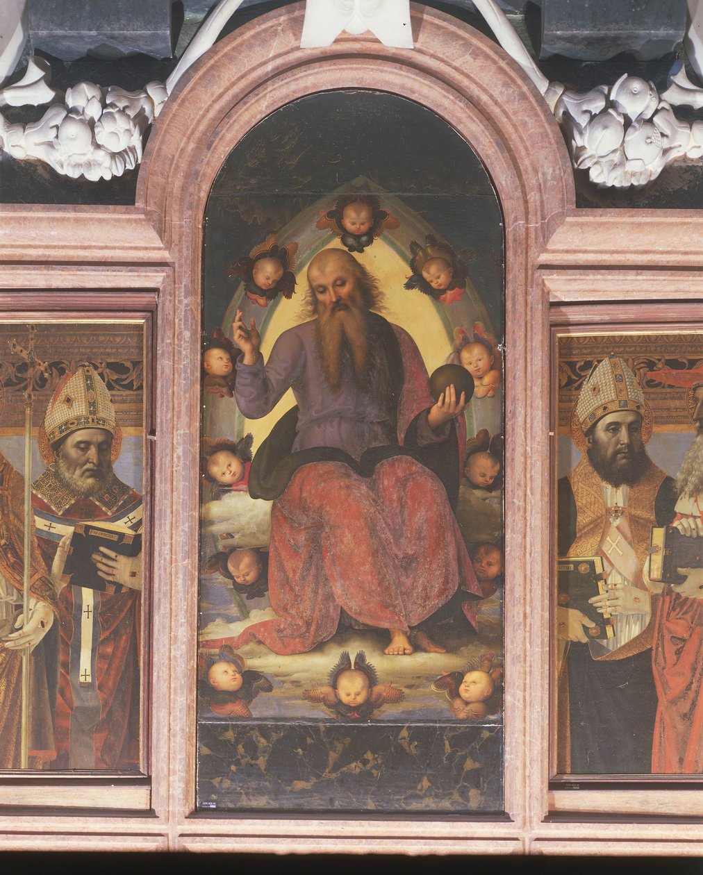 İtalya, Lombardiya, Pavia Charterhouse (Certosa), soldaki ikinci şapel, Pietro Vannucci veya Perugino tarafından Benedictory Ebedi Baba ile poliptik by Pietro Perugino