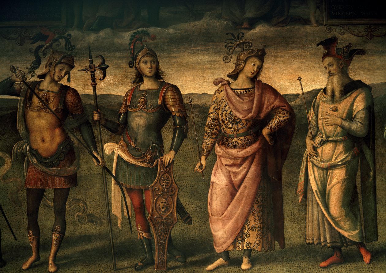 Leonidas Lacedaemonian, Horatius Cocles, Publius Scipio, Atina Perikles, Altı Antik Kahraman ile Cesaret ve Temperance Alegorileri by Pietro Perugino