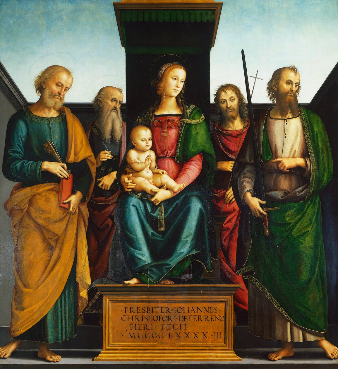 Aziz John Baptist, Peter, Paul ve John Evangelist ile tahtta Madonna ve Çocuk, Pietro Perugino (yaklaşık 1450-1523) by Pietro Perugino