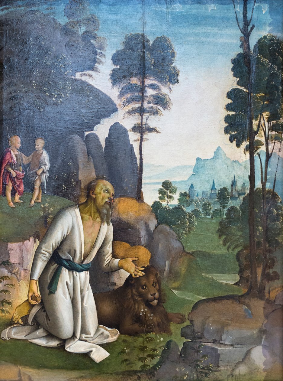 Bebek İsa ve aziz Vaftizci Yahya ile çocukken tövbekar aziz Jerome (panel üzerinde yağlı boya) by Pietro Perugino
