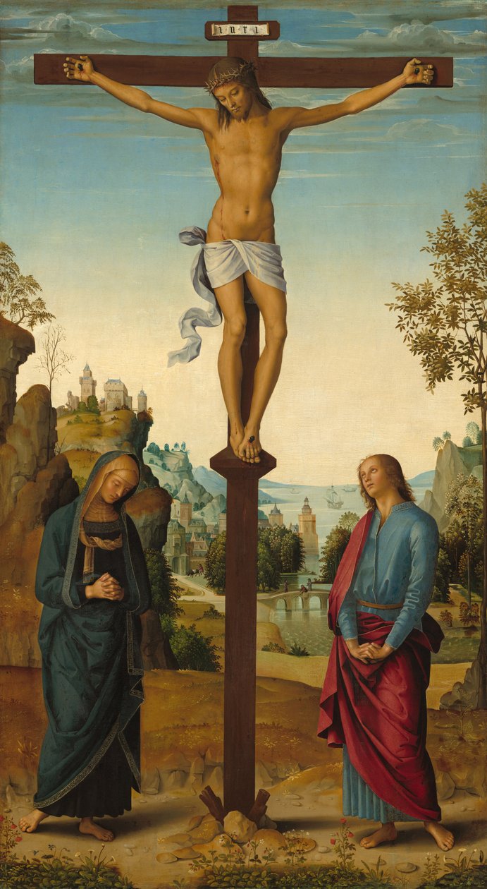 Bakire, Aziz John, Aziz Jerome ve Aziz Mary Magdalene ile Çarmıha Gerilme [orta panel] by Pietro Perugino