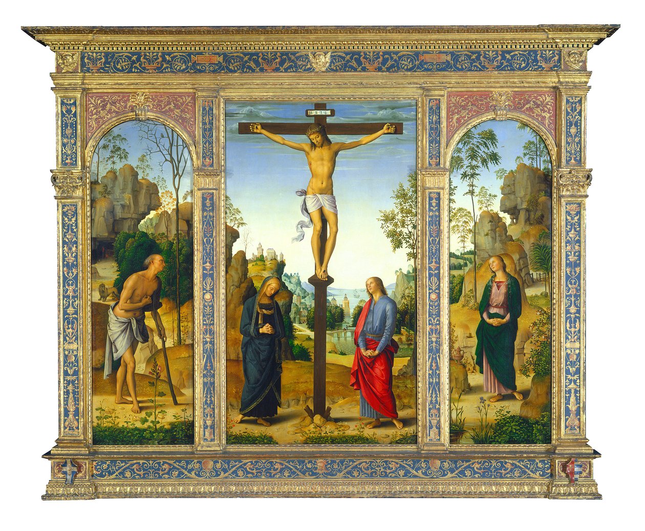 Bakire, Aziz Yuhanna, Aziz Jerome ve Mecdelli Meryem ile Çarmıha Gerilme, c.1482-1485 (tuval üzerine yağlı boya aktarılmış) by Pietro Perugino