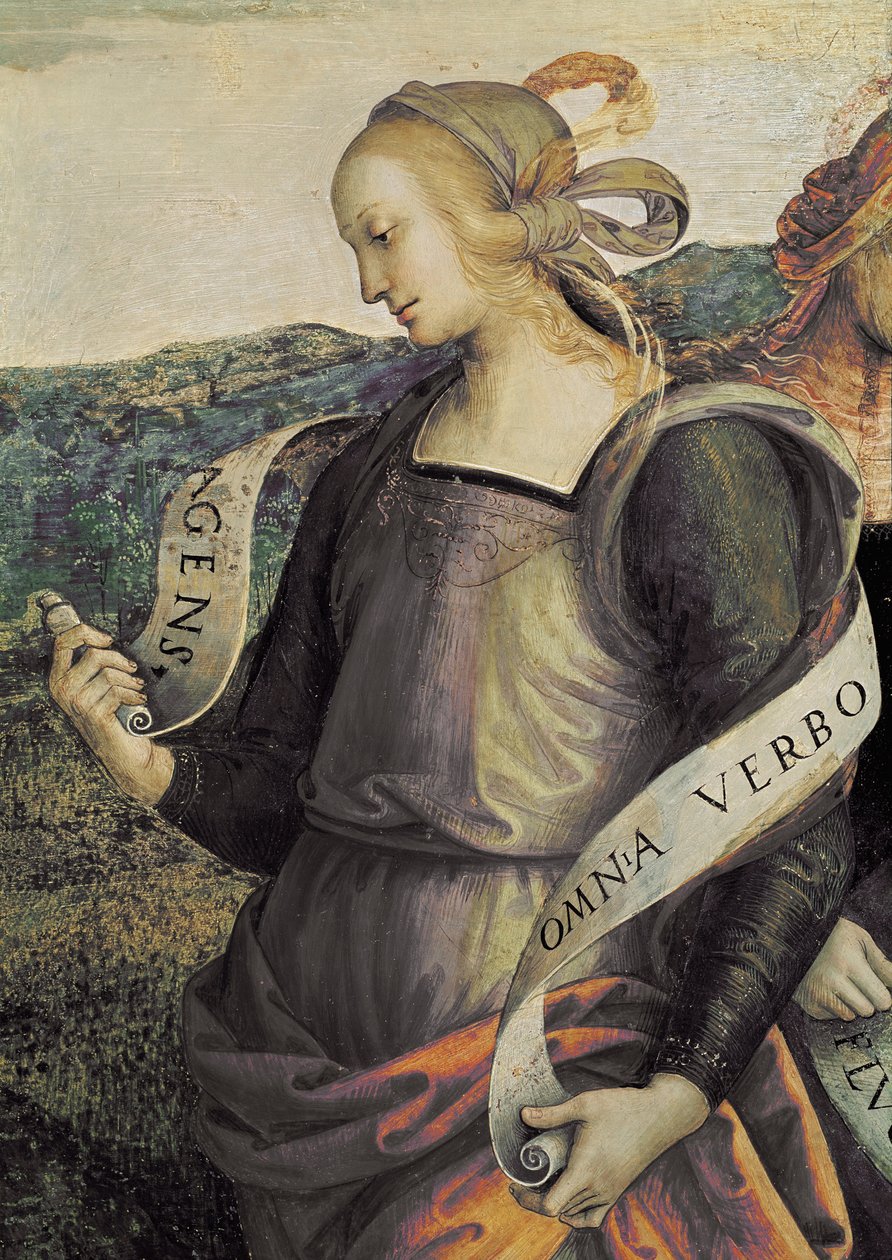 Erythraean Sibyl. Ebedi babanın detayı peygamberleri ve sibilleri çevreler (Fresco by Pietro Perugino
