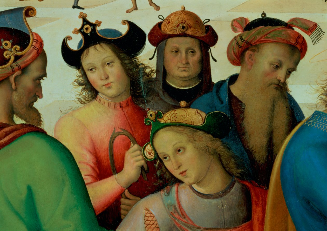 Bakirenin Evliliği, taliplerin detayı, 53750 panel detayında 1500-04 yağlı boya by Pietro Perugino