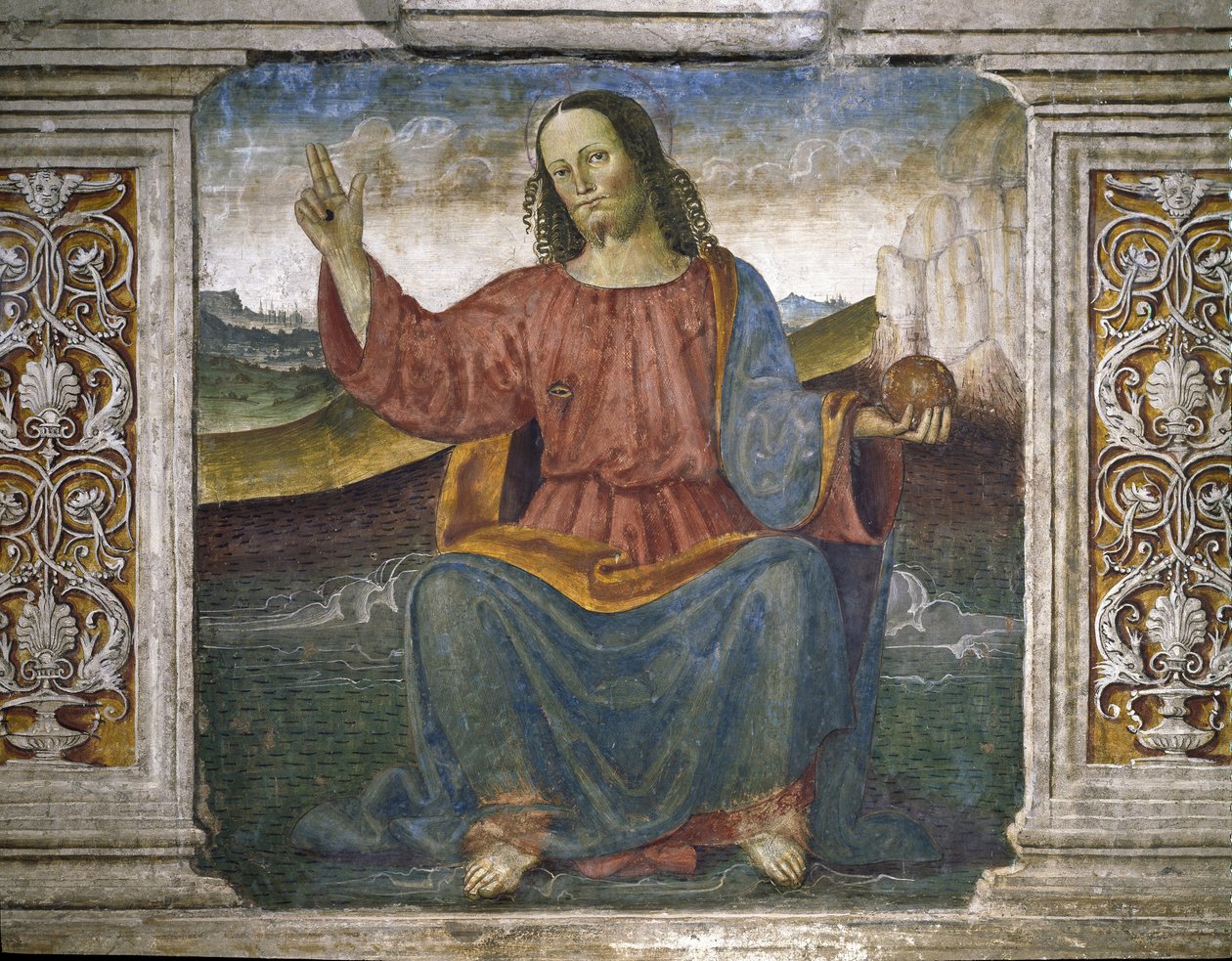 Kurtarıcı, İsa küreyi tutuyor ve kutsama işareti olarak elini kaldırıyor (Fresco by Pietro Perugino