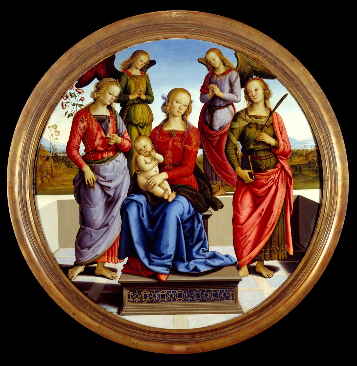 Bakire ve çocuk, Saint Rose ve Saint Catherine adlı iki melekle çevrilidir. Pietro Vannucci dit il Perugino tarafından tablo (Perugin by Pietro Perugino