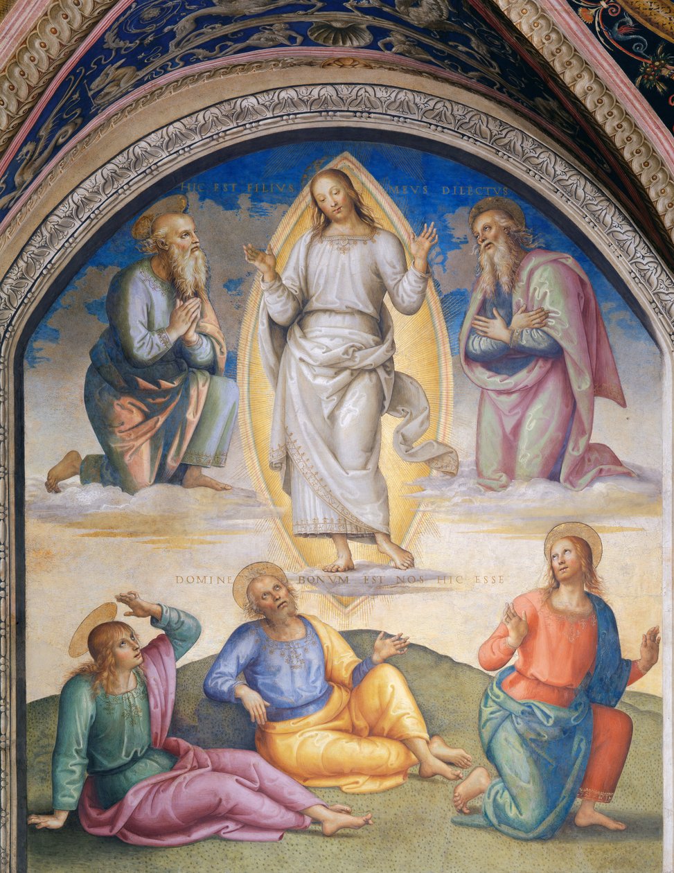 Başkalaşım: Beyaz giysili Mesih, havari Yuhanna, Petrus ve Yakup'un altında, Musa ve İlyas tarafından çevrelenmiştir. by Pietro Perugino