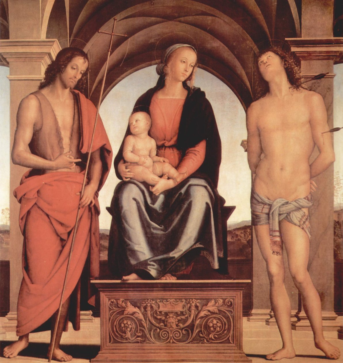 Madonna, Vaftizci Yahya ve Aziz Sebastian ile tahta çıktı by Pietro Perugino