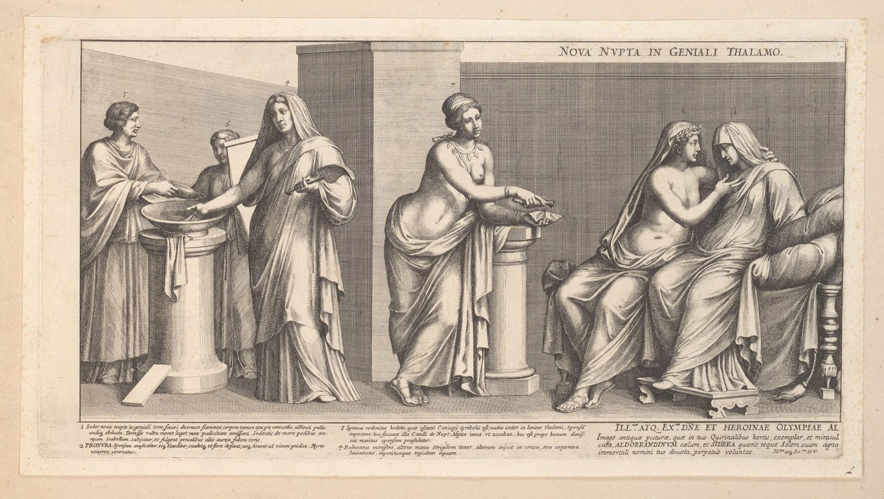 Aldobrandinian düğünü (sol kısım) Nova nupta in geniali thalamo (nesnedeki başlık) by Pietro Sante Bartoli