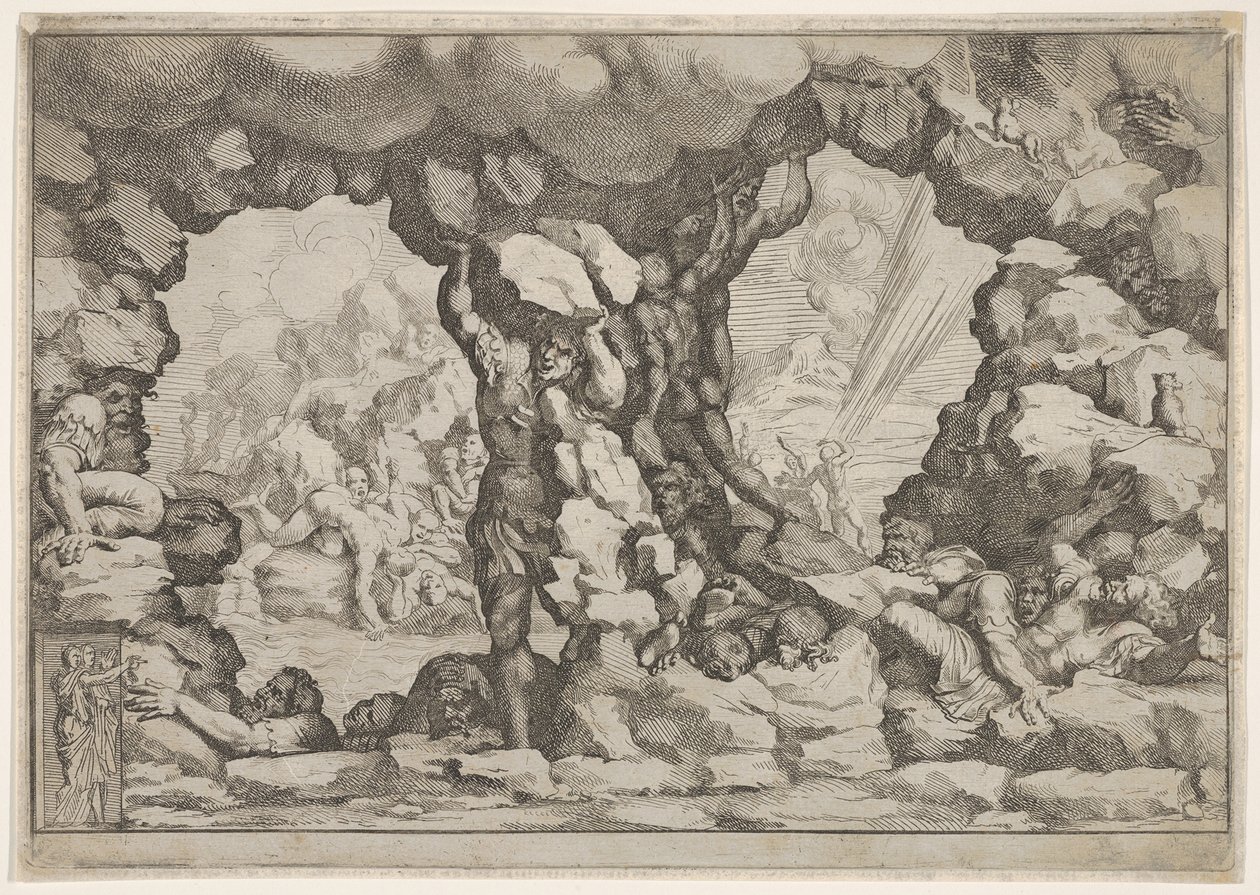 Merkezde bir kayayı kaldıran bir dev, diğer devler sola ve sağa mücadele ediyor ve geri dönüyor..., ca. 1680. by Pietro Santi Bartoli
