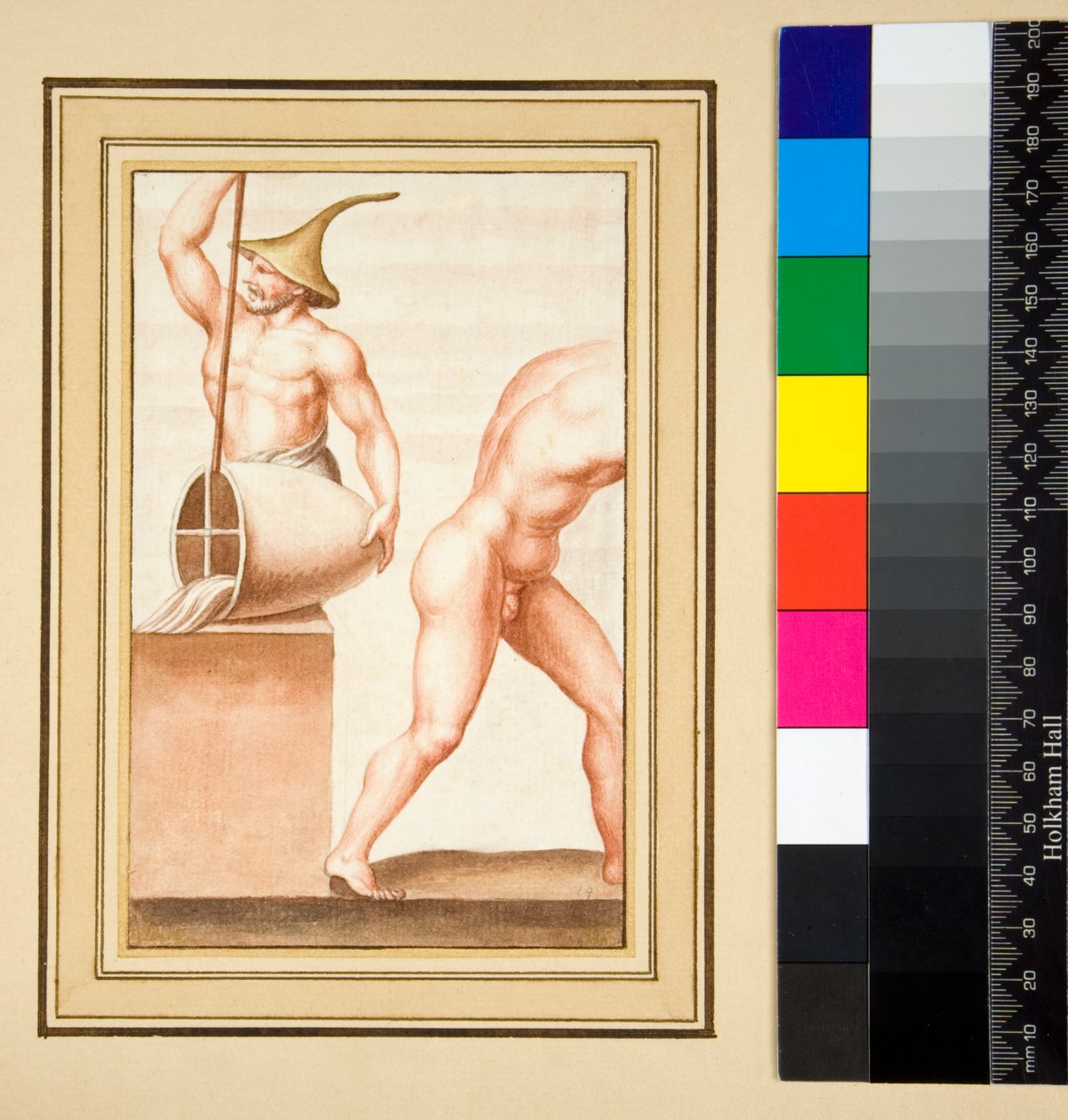 Vazodan dökülen sivri uçlu bir adamın mozaiğinin kopyası. (siyah tebeşir, bazıları tükenmez kalem ve kahverengi mürekkeple. sulu boya ile renklendirilmiş) by Pietro Santi Bartoli