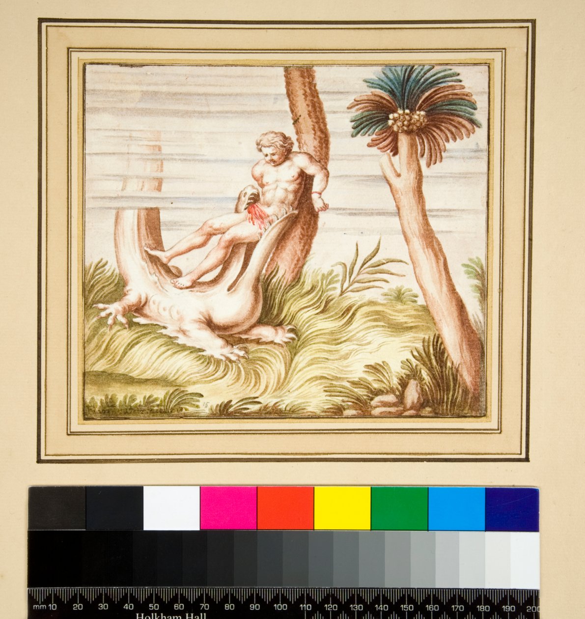 Bir insan ve timsah mozaiğinin kopyası (siyah tebeşir, bazıları tükenmez kalem ve kahverengi mürekkeple. suluboya ile renklendirilmiş) by Pietro Santi Bartoli