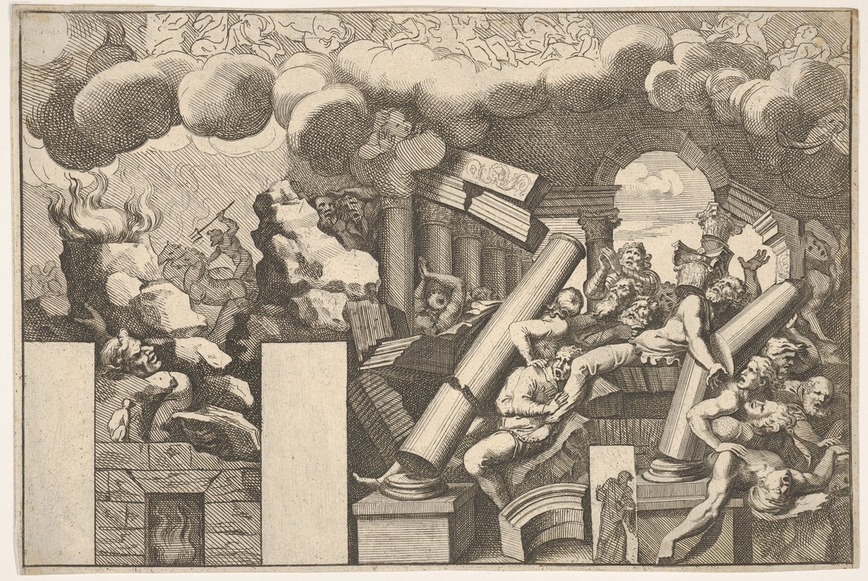 Kayalar tarafından ezilen devler ve tapınağın düşen sütunları, yukarıdaki duman bulutları..., yaklaşık. 1680. by Pietro Santi Bartoli