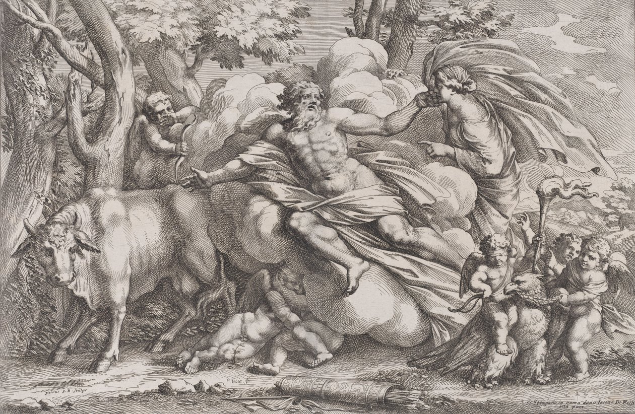 Solda bir inek olarak Io, merkezde bir bulutun üzerinde Jüpiter ve sağda pu ile Juno..., 1650-90. by Pietro Santi Bartoli