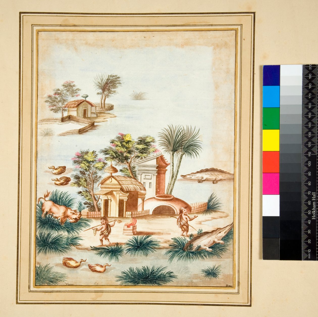 Bir adada iki pigme ile nehir manzarası (siyah tebeşir, bazıları kalem ve kahverengi mürekkeple. sulu boya ile renklendirilmiş) by Pietro Santi Bartoli