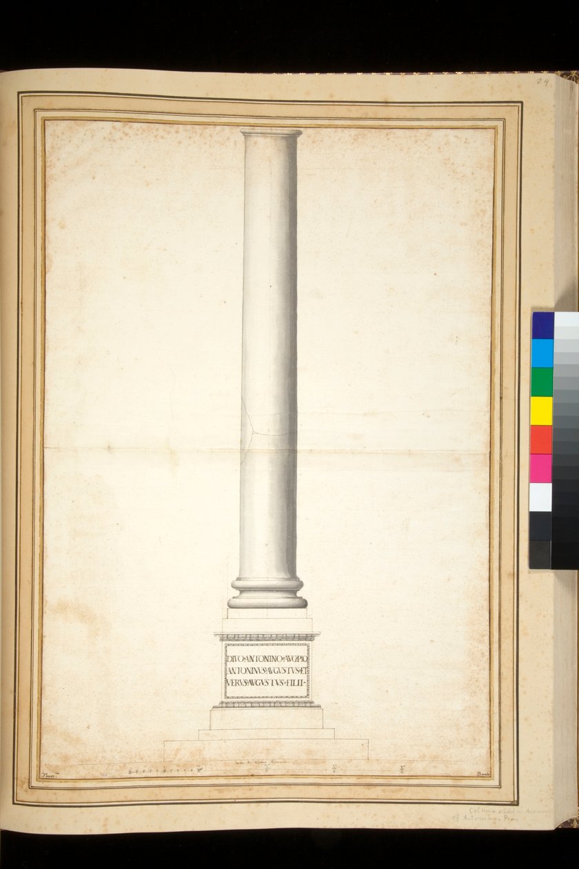 restore edilmiş olarak gösterilen Antoninus Pius sütunu (kalem ve gri yıkama) by Pietro Santi Bartoli