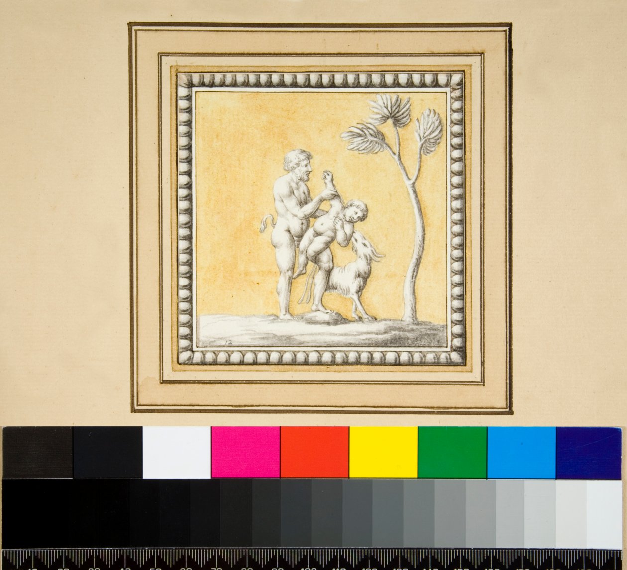 Tahta bir sandığın önünden üç gümüş panel (siyah tebeşir, bazıları tükenmez kalem ve kahverengi mürekkeple. sulu boya ile renklendirilmiş) by Pietro Santi Bartoli