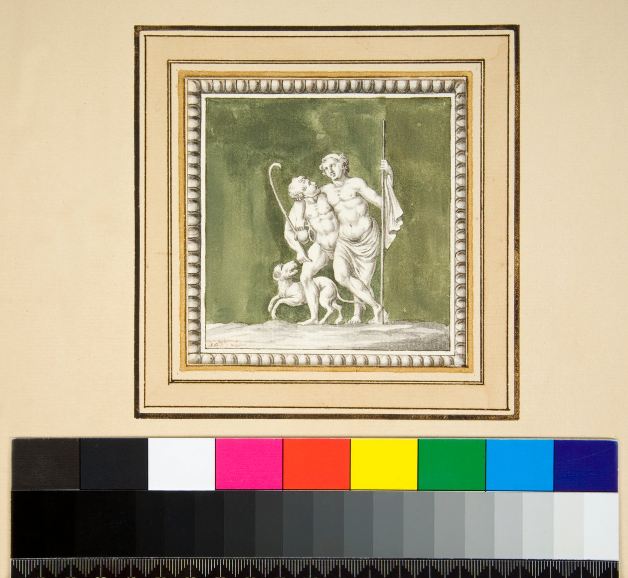 Tahta bir sandığın önünden üç gümüş panel (siyah tebeşir, bazıları tükenmez kalem ve kahverengi mürekkeple. sulu boya ile renklendirilmiş) by Pietro Santi Bartoli