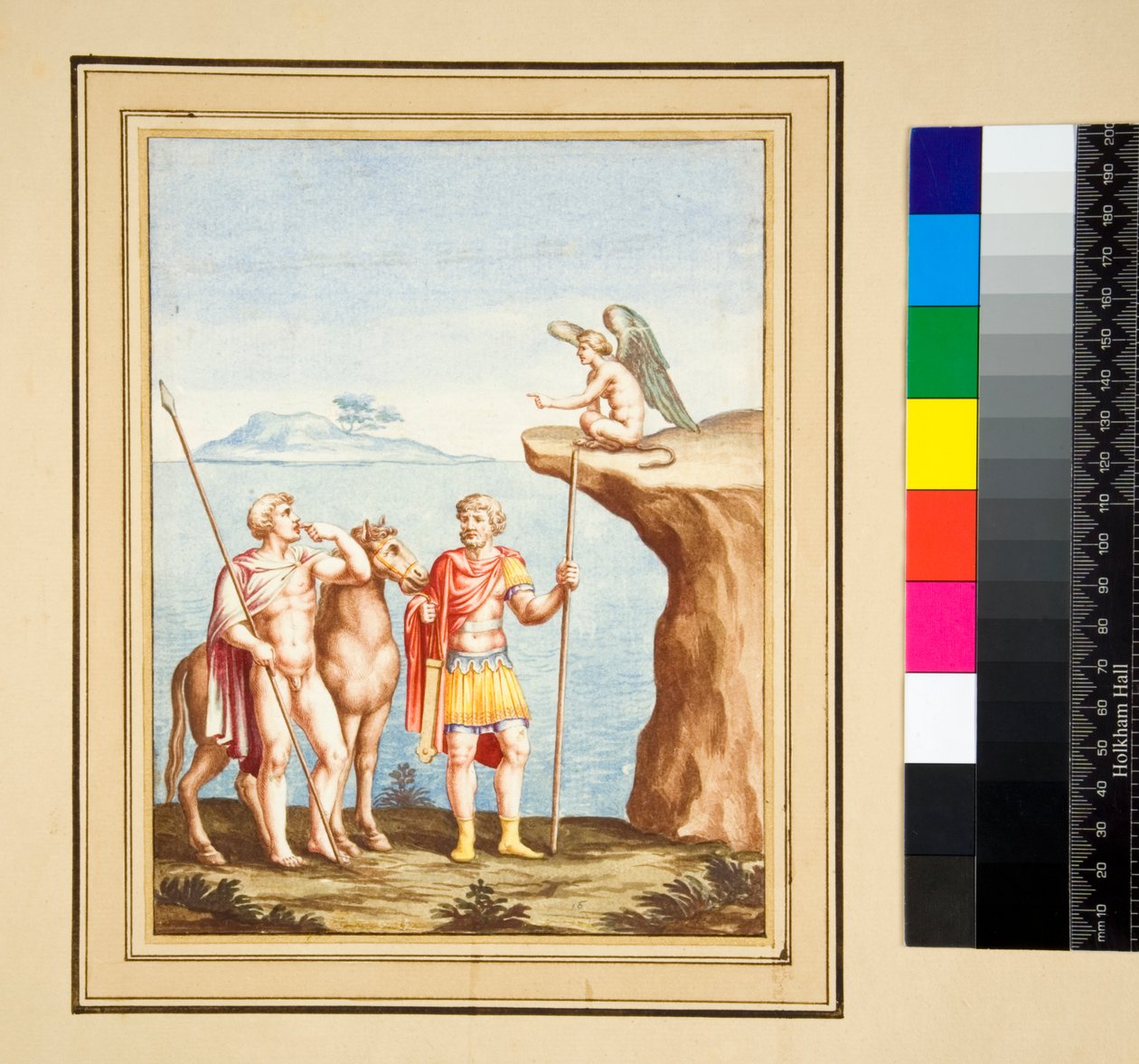 İki figür ve bir Sphynx (siyah tebeşir, bazıları tükenmez kalem ve kahverengi mürekkeple. sulu boya ile renklendirilmiş) by Pietro Santi Bartoli