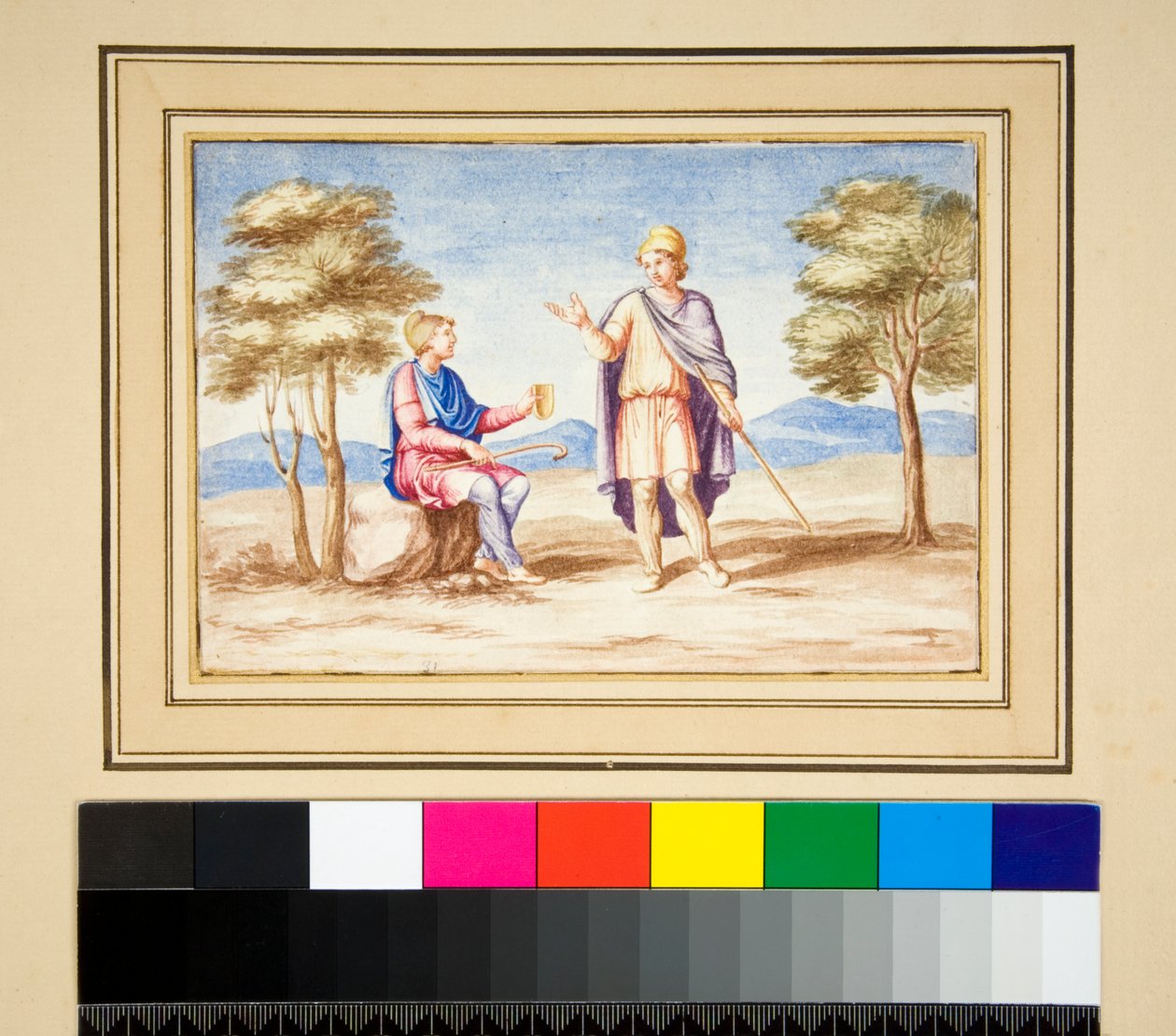 Phrygain Caps'li iki adam (siyah tebeşir, bazıları tükenmez kalem ve kahverengi mürekkeple. sulu boya ile renklendirilmiş) by Pietro Santi Bartoli