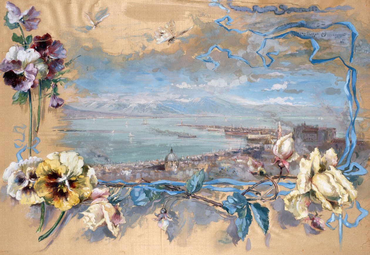 Hercai menekşelerden Napoli manzarası (ipek üzerine resim) by Pietro Scoppetta