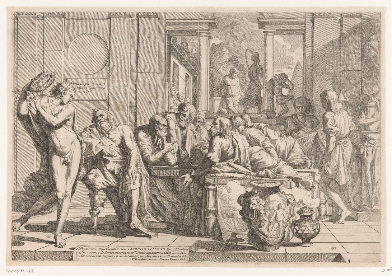 Alkibiades, Sokrates ve arkadaşları arasındaki konuşmayı keser by Pietro Testa