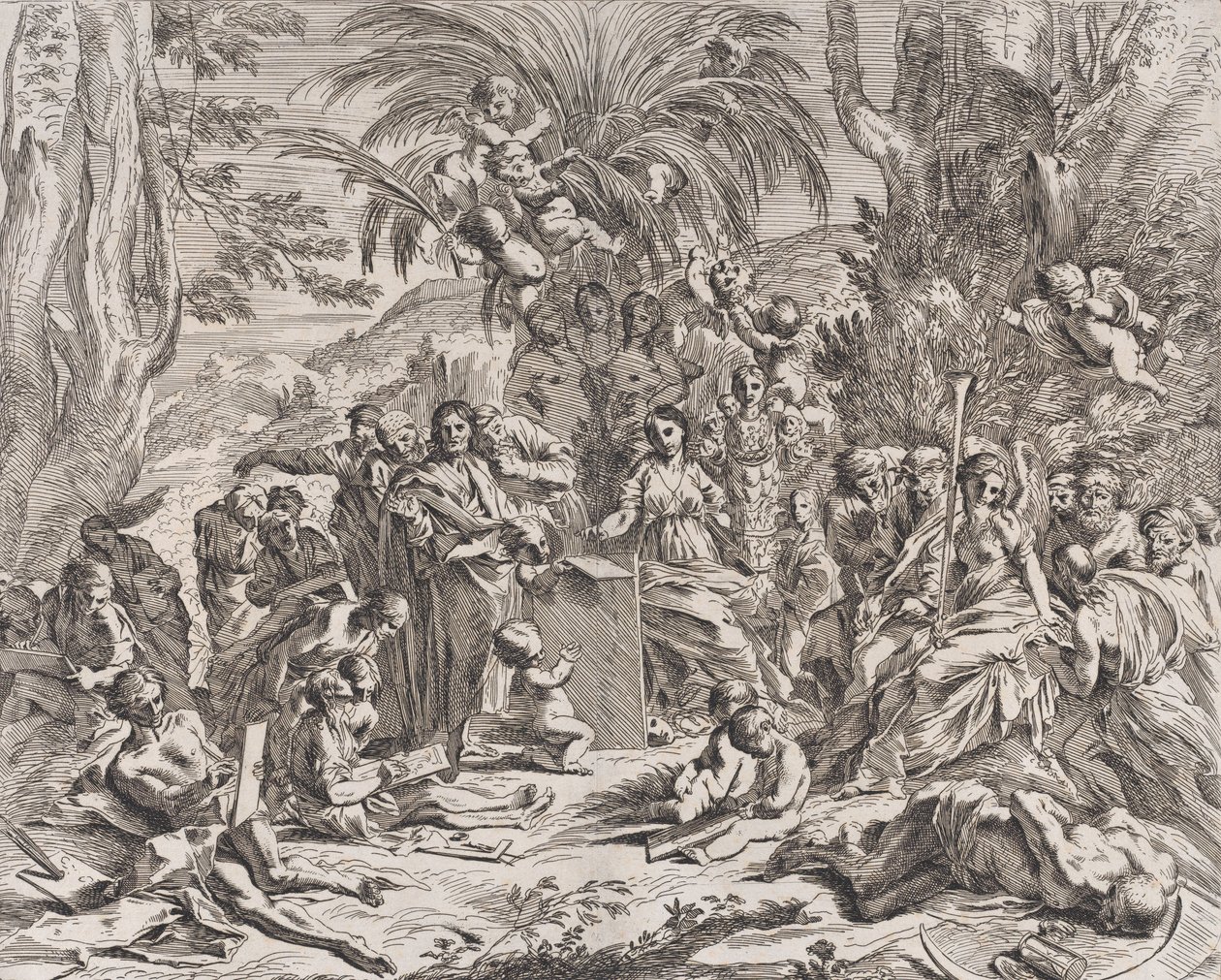 Ortada solda bir çocukken bir tablet üzerine çizim yapan bir resim alegorisi, surrounde..., 1637-38. by Pietro Testa