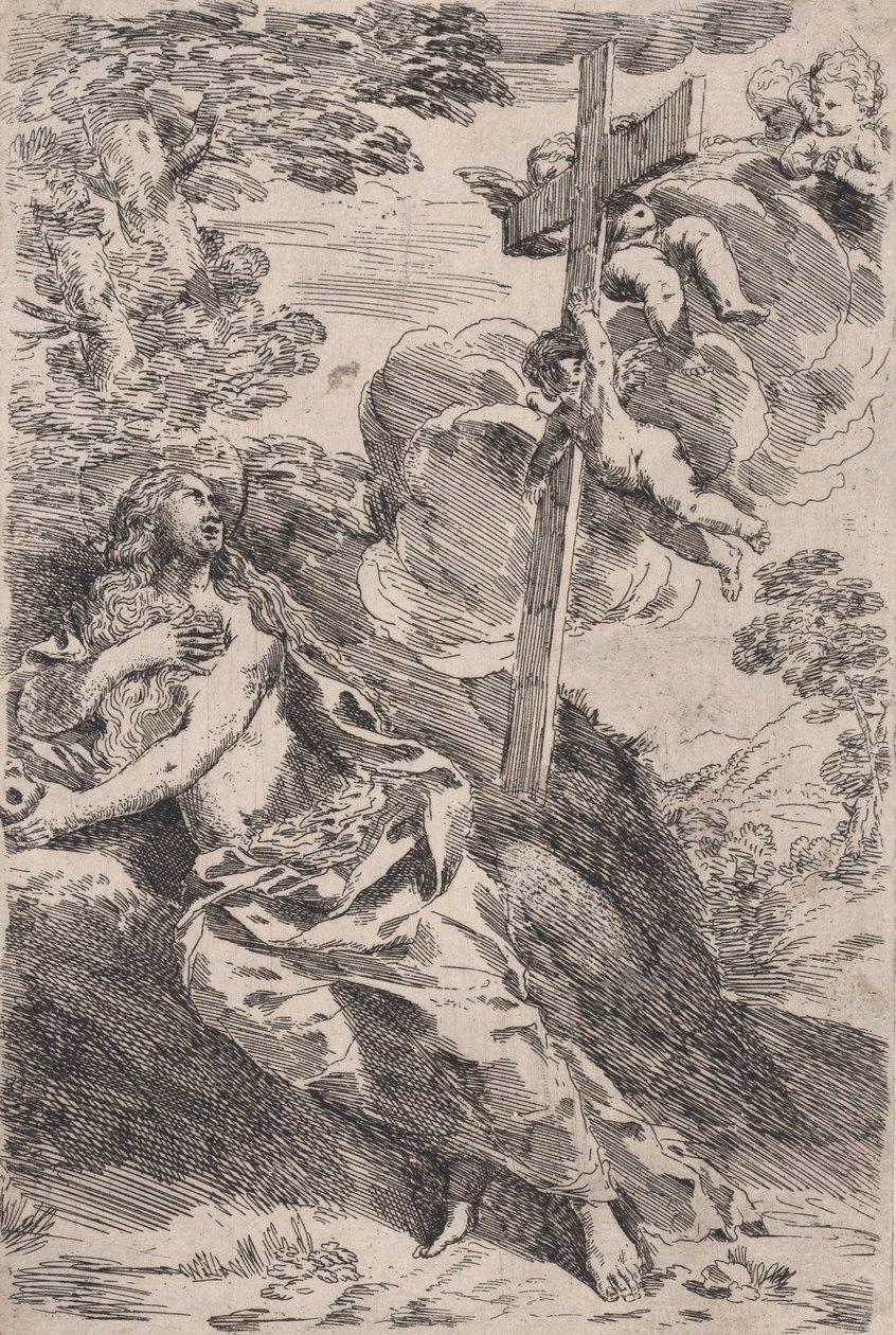 Çölde Mary Magdalene, sağda melekler tarafından taşınan bir haç, yaklaşık. 1630. by Pietro Testa