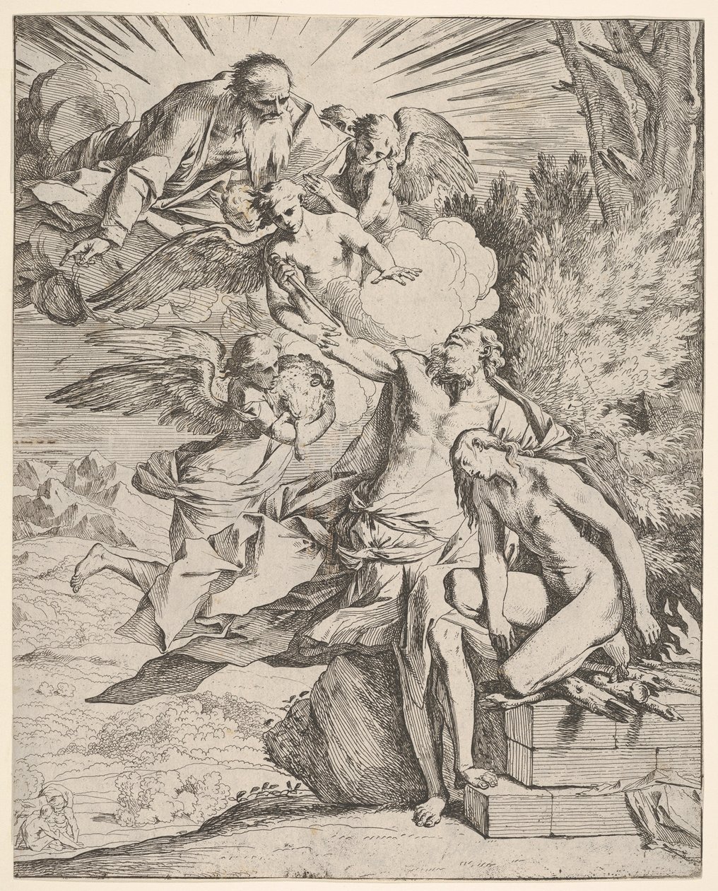İshak'ın Kurban Edilmesi: Bir melek İbrahim'in hançer taşıyan koluna bastırır, ki ..., yaklaşık 1645-50. by Pietro Testa