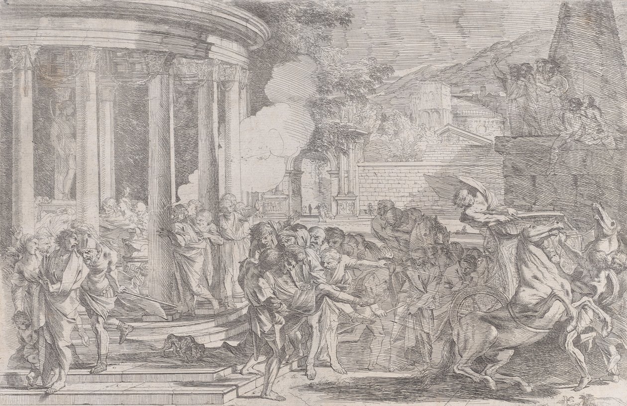 Artemis tapınağından taşınan Sinorix, zehirin etkilerinden kaçmaya çalışırken..., ca. 1640. by Pietro Testa