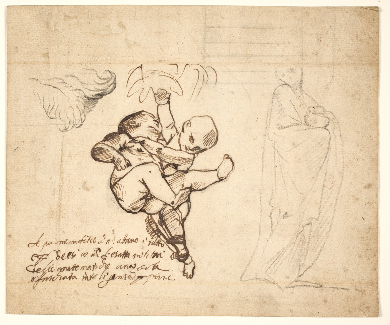 İki oyun putti, yapraklar ve vazolu dökümlü bir figür için çalışma by Pietro Testa