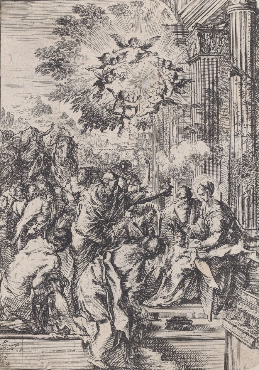 The Adoration of the Magi, önce geçen ve mimari revak, yakl. 1640. by Pietro Testa
