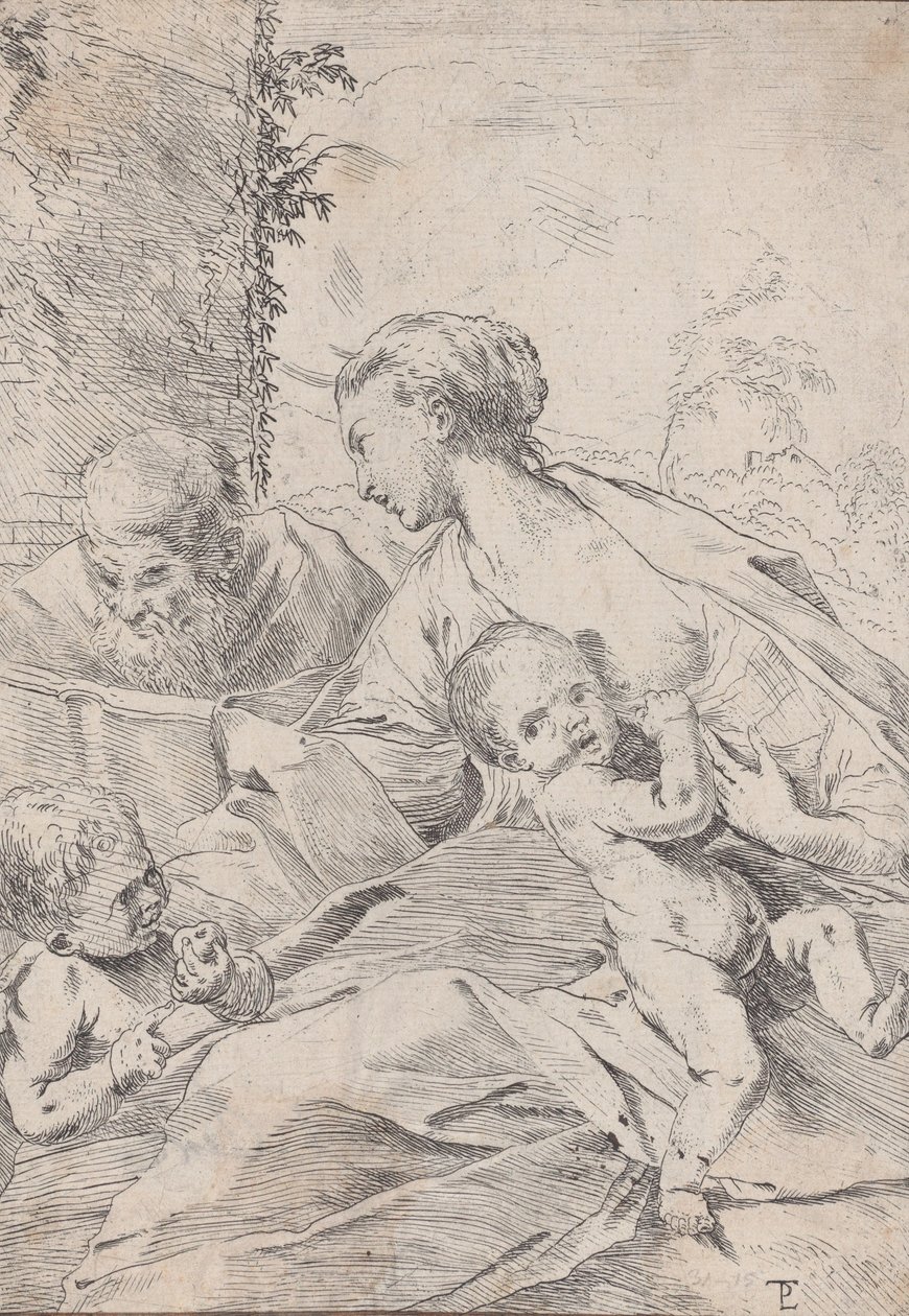 Elinde bir elma tutan bebek Aziz John ile Kutsal Aile, ca. 1630. by Pietro Testa