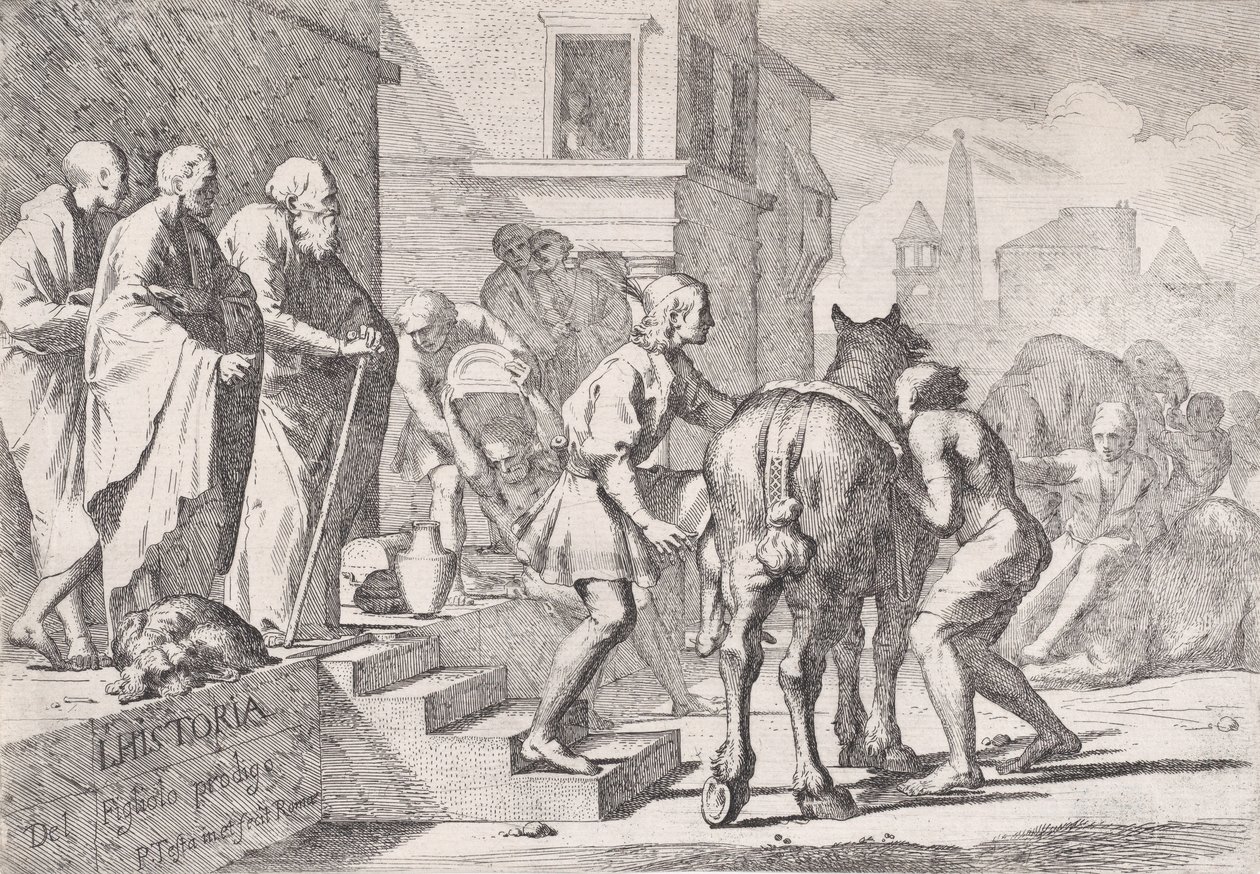 Bir ata binmek üzere gösterilen müsrif oğlun, dört kişilik bir diziden ayrılışı..., yaklaşık. 1645. by Pietro Testa