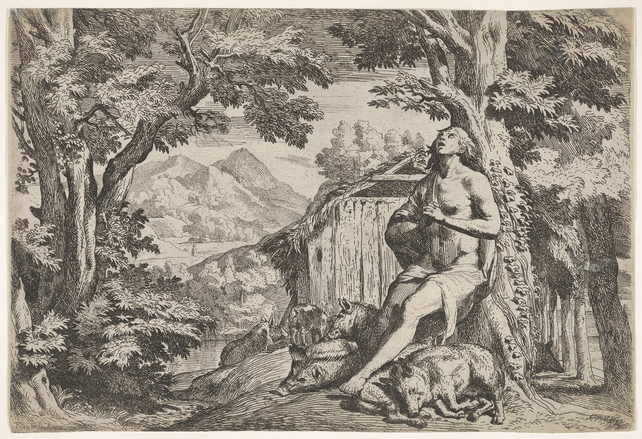 Domuzların arasında bir ağacın dibine oturmuş müsrif oğul, bakışları yukarıya çevrilmişti..., yakl. 1640-50. by Pietro Testa