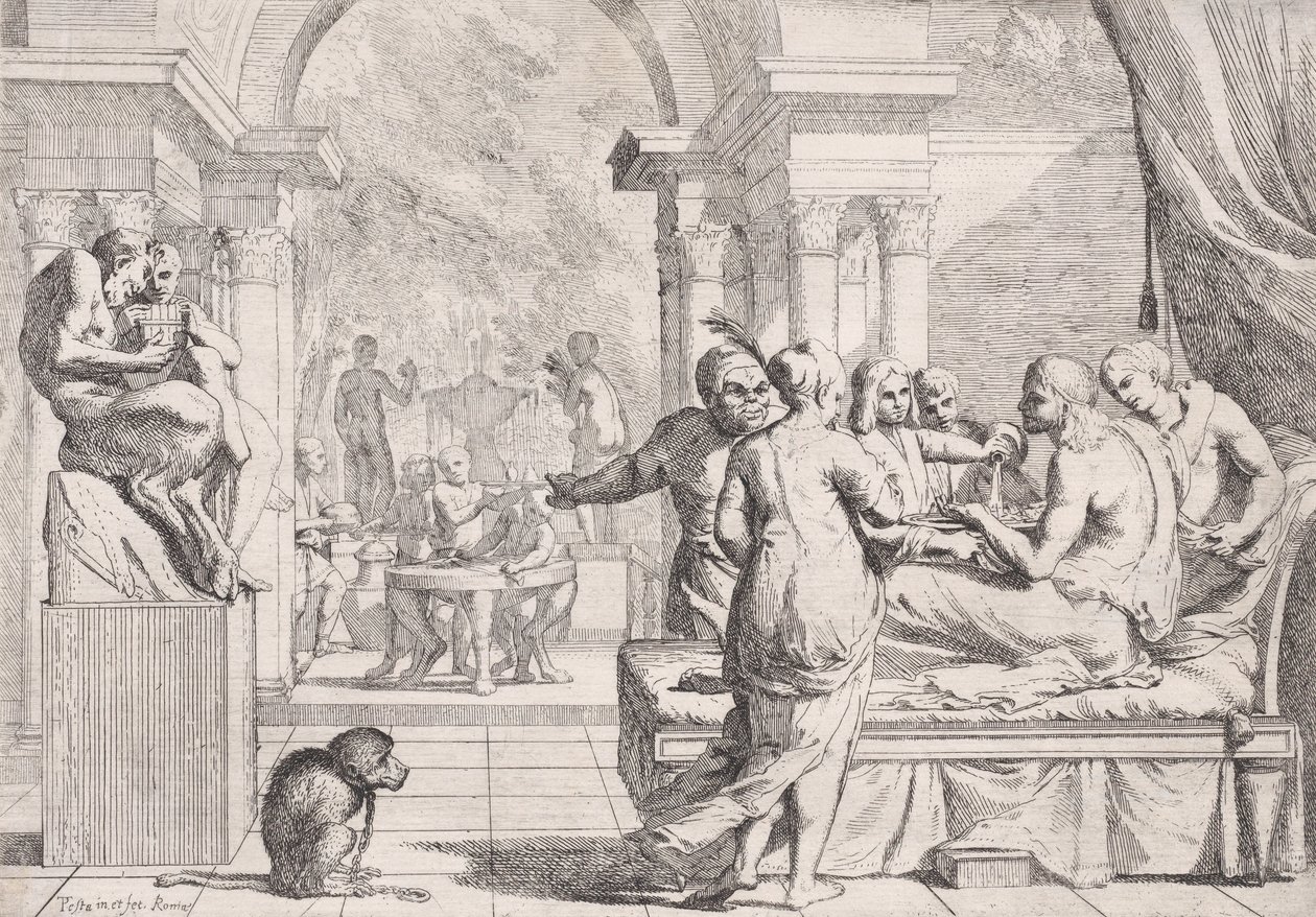 Kanepede oturan müsrif oğul şarap servisi yapılıyor, arka planda eğlence düşkünleri, bir ay..., ca. 1645. by Pietro Testa