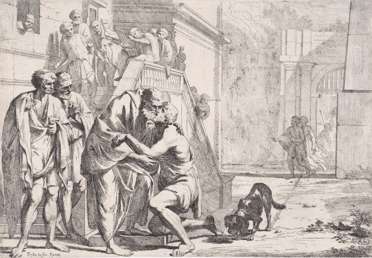 Müsrif oğlunun, oğlunu kucaklayan babanın bir diziden dönüşü,..., ca. 1645. by Pietro Testa