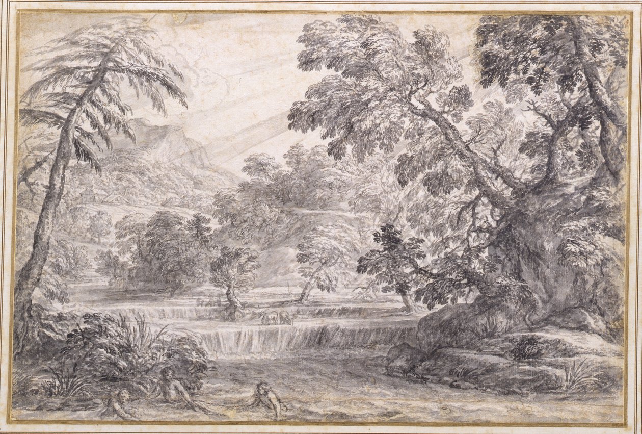 A Wooded River Landscape, c.1650 (siyah tebeşir, fırça ve kağıt üzerinde gri yıkamalı gri mürekkep) by Pietro da Cortona