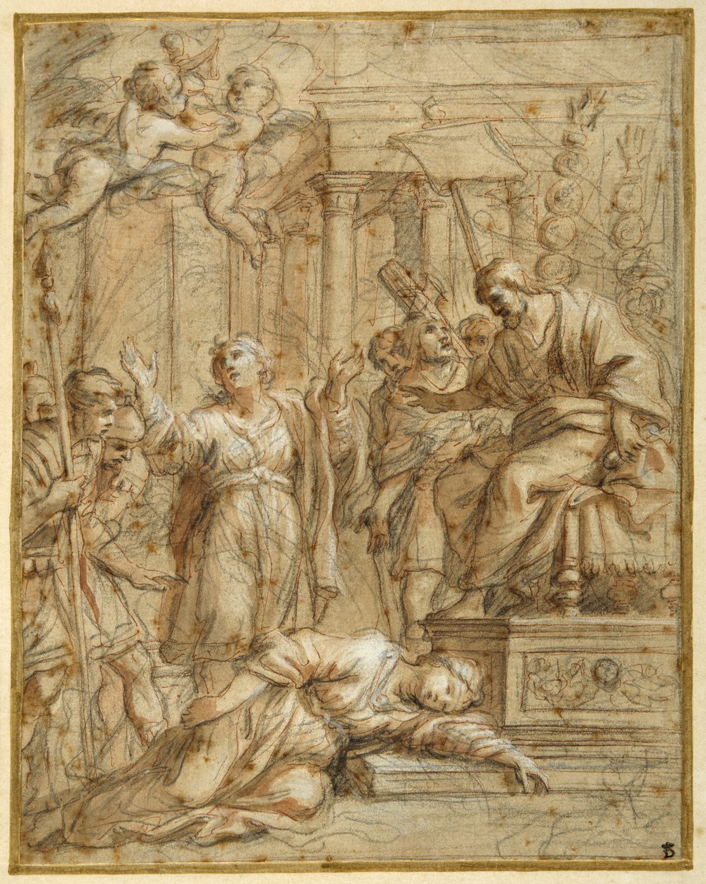 Aziz Bibiana, Vali Apronianus'un önünde şehit yatıyor (kalem ve mürekkeple siyah tebeşir ve kağıt üzerinde yıkama) by Pietro da (1596 1669) Cortona