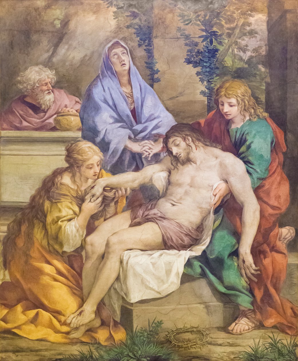 Madonna, Aziz John the Baptist, St Mary Magdalen ve Nicodemus ile Pieta (fresk) by Pietro da (1596 1669) Cortona