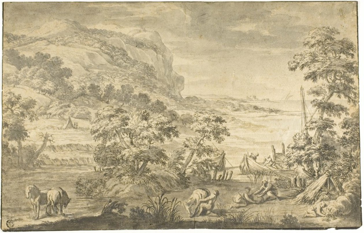 Balıkçılar, Kamp (recto) ile İtalyan Sahil Manzarası; Nehir Halici (ters) by Pietro da Cortona