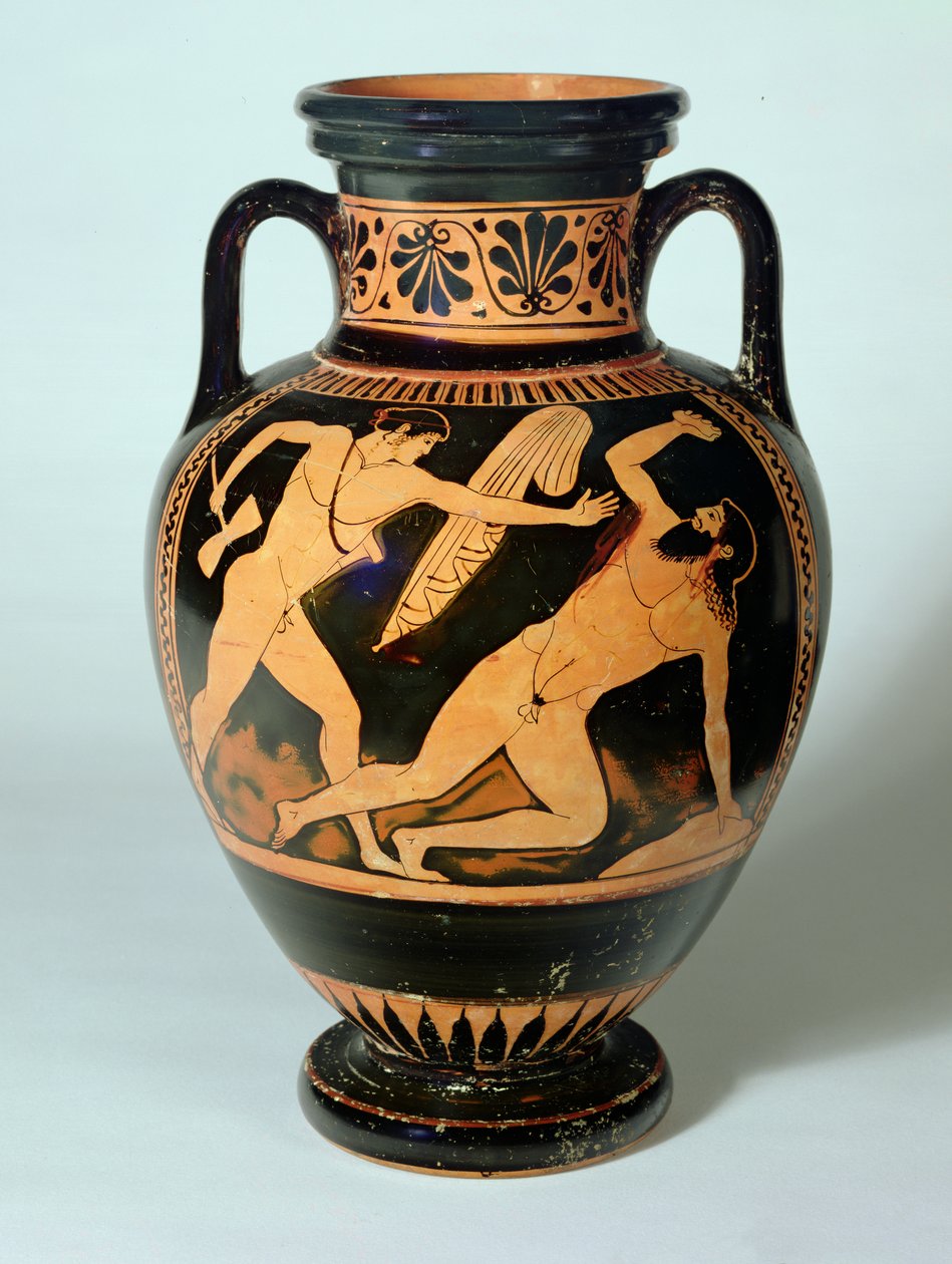 Theseus'u Procrustes'i Öldürmek Üzere tasvir eden kırmızı figürlü boyun amfora, MÖ 480-470 (kil) by Pig Painter